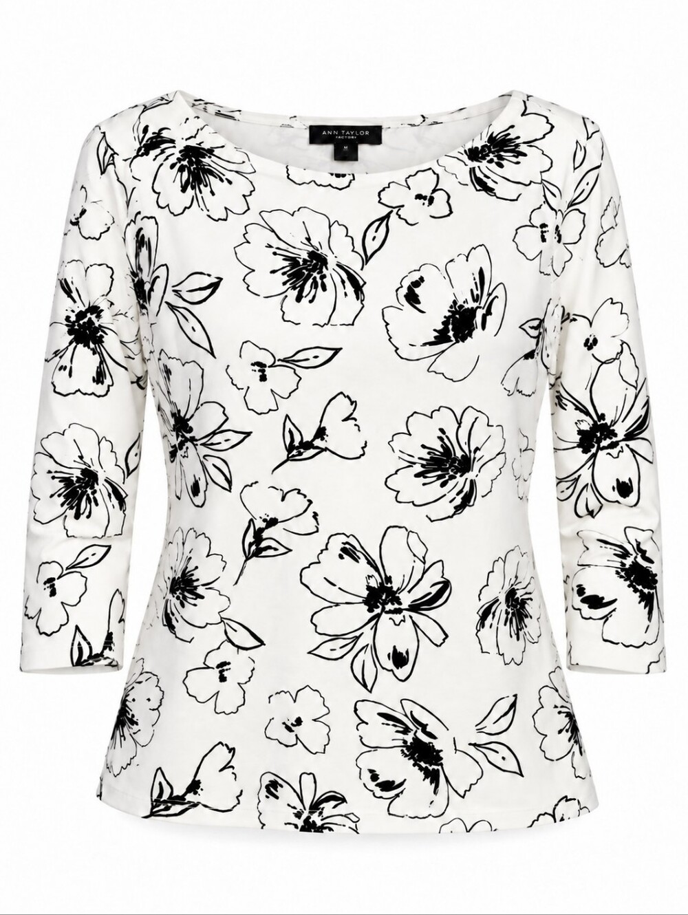 Ann Taylor Factory White Black Floral Boat Neck 3/4 Sleeve Top Medium